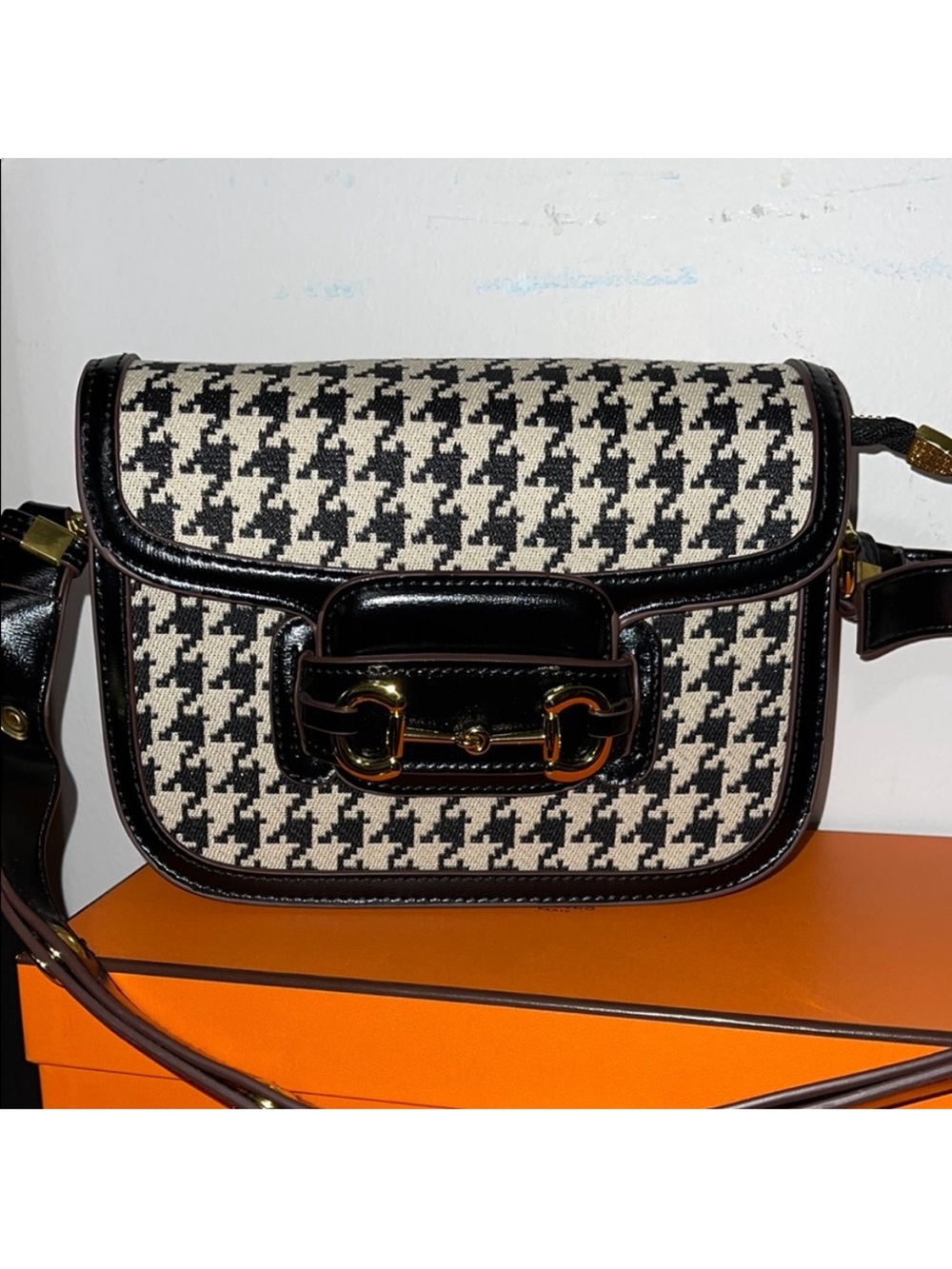 Houndstooth Crossbody Shoulder Bag - Black & Cream
